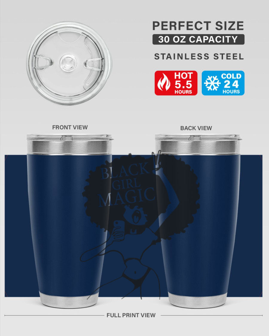 Black Girl Magic 20oz tumbler featuring double wall vacuum stainless steel design with a stylish lid, perfect for hot and cold beverages.