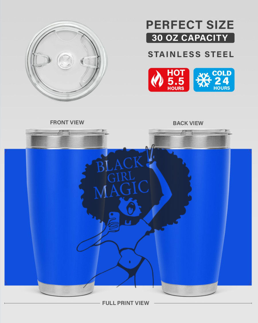 Black Girl Magic 20oz tumbler featuring double wall vacuum stainless steel design with a stylish lid, perfect for hot and cold beverages.