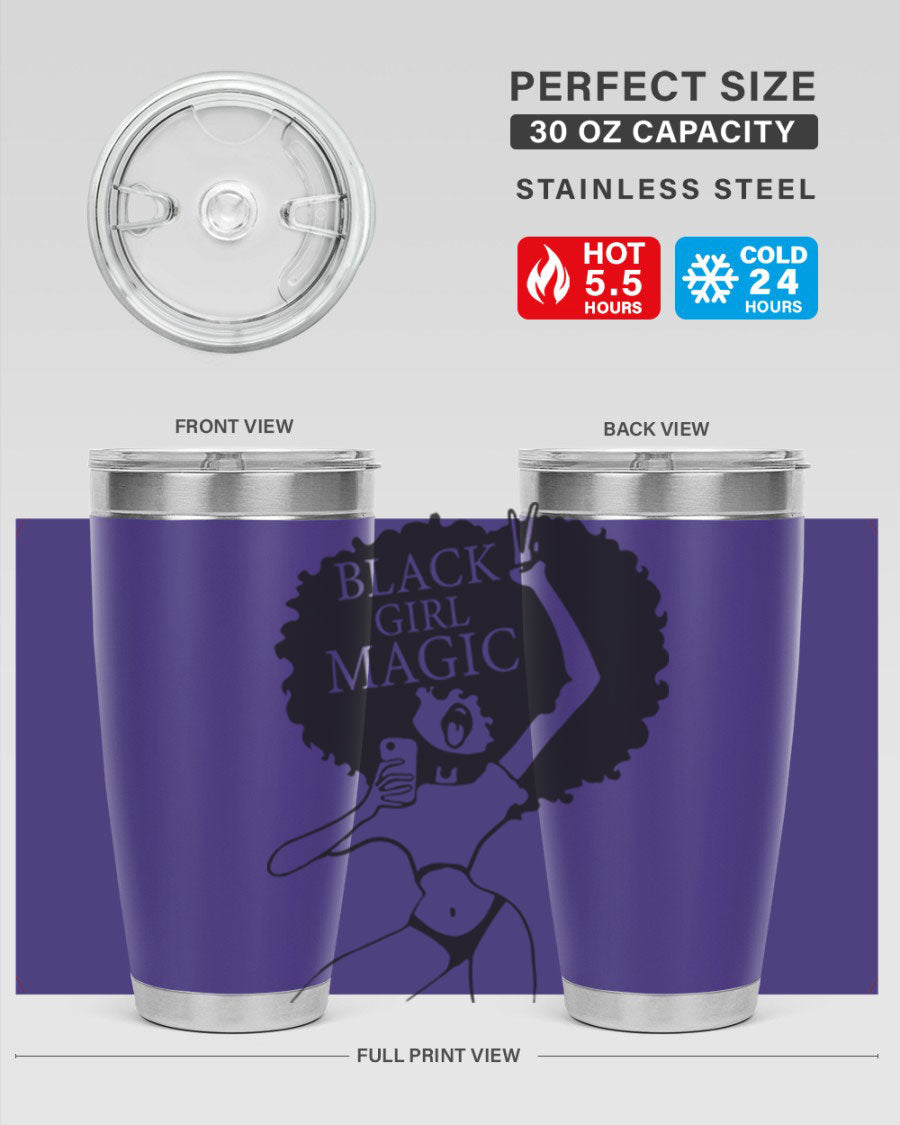 Black Girl Magic 20oz tumbler featuring double wall vacuum stainless steel design with a stylish lid, perfect for hot and cold beverages.