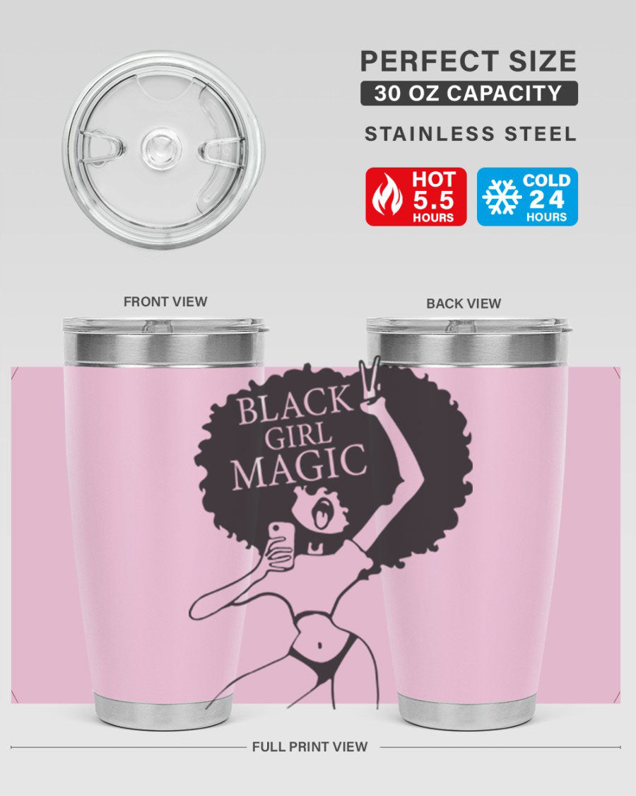 Black Girl Magic 20oz tumbler featuring double wall vacuum stainless steel design with a stylish lid, perfect for hot and cold beverages.
