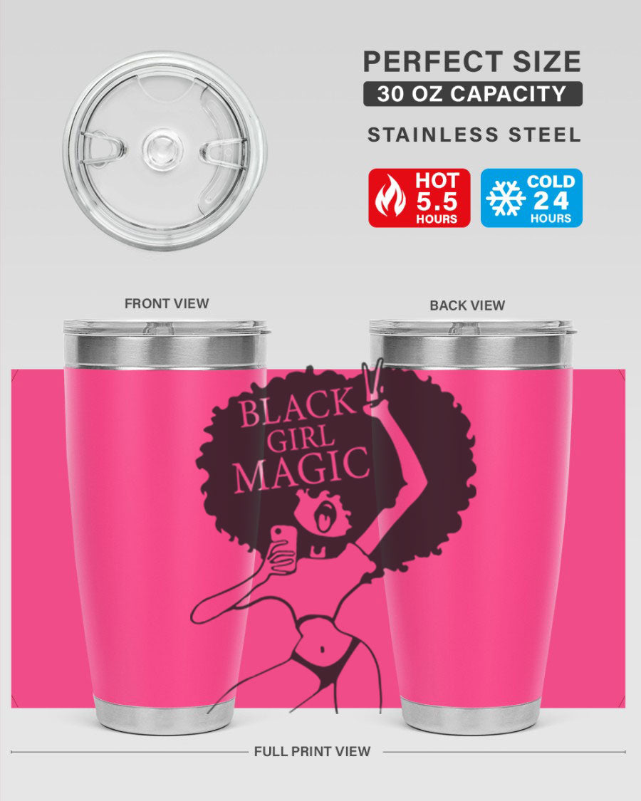 Black Girl Magic 20oz tumbler featuring double wall vacuum stainless steel design with a stylish lid, perfect for hot and cold beverages.