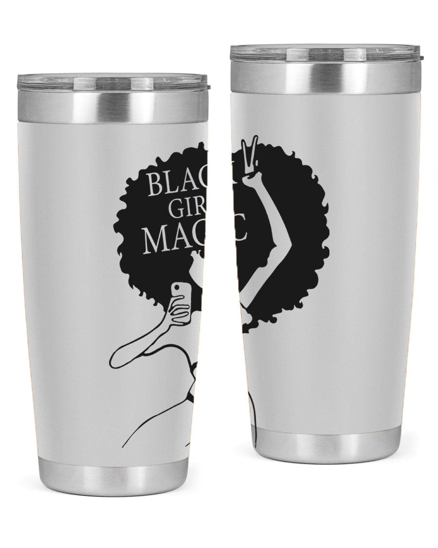 Black Girl Magic 20oz tumbler featuring double wall vacuum stainless steel design with a stylish lid, perfect for hot and cold beverages.