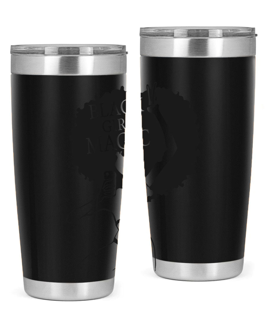 Black Girl Magic 20oz tumbler featuring double wall vacuum stainless steel design with a stylish lid, perfect for hot and cold beverages.