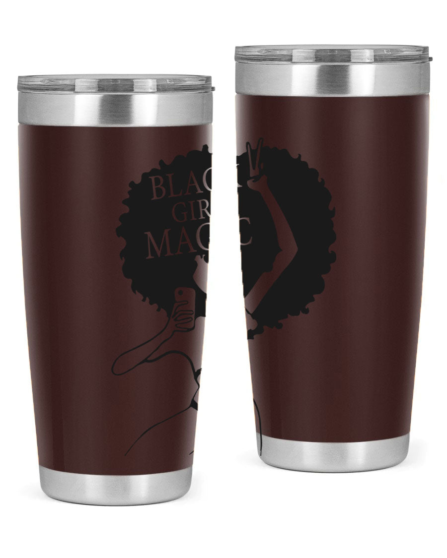 Black Girl Magic 20oz tumbler featuring double wall vacuum stainless steel design with a stylish lid, perfect for hot and cold beverages.