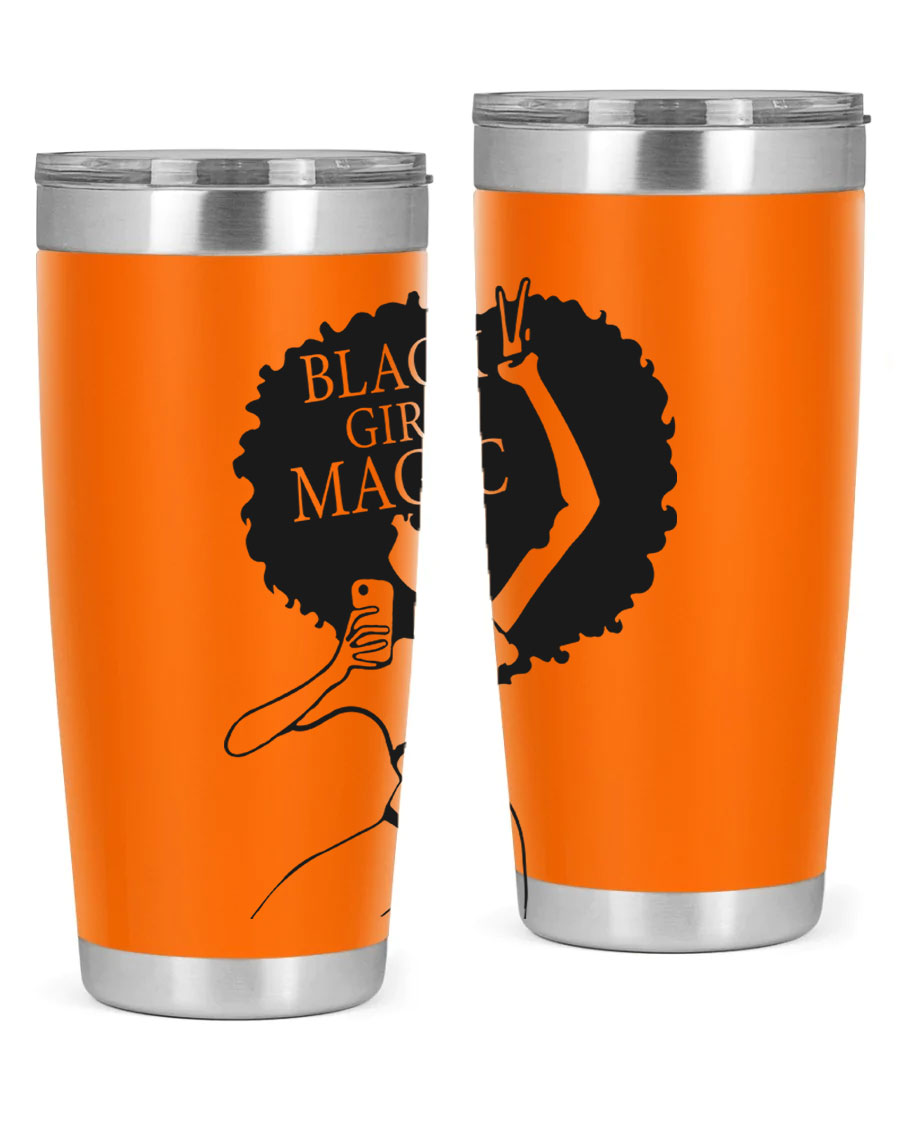 Black Girl Magic 20oz tumbler featuring double wall vacuum stainless steel design with a stylish lid, perfect for hot and cold beverages.