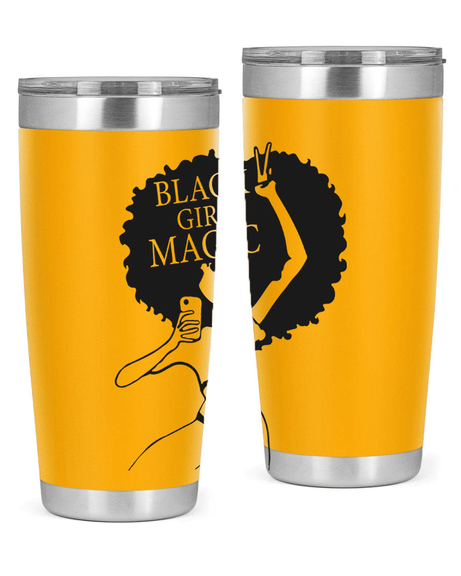 Black Girl Magic 20oz tumbler featuring double wall vacuum stainless steel design with a stylish lid, perfect for hot and cold beverages.