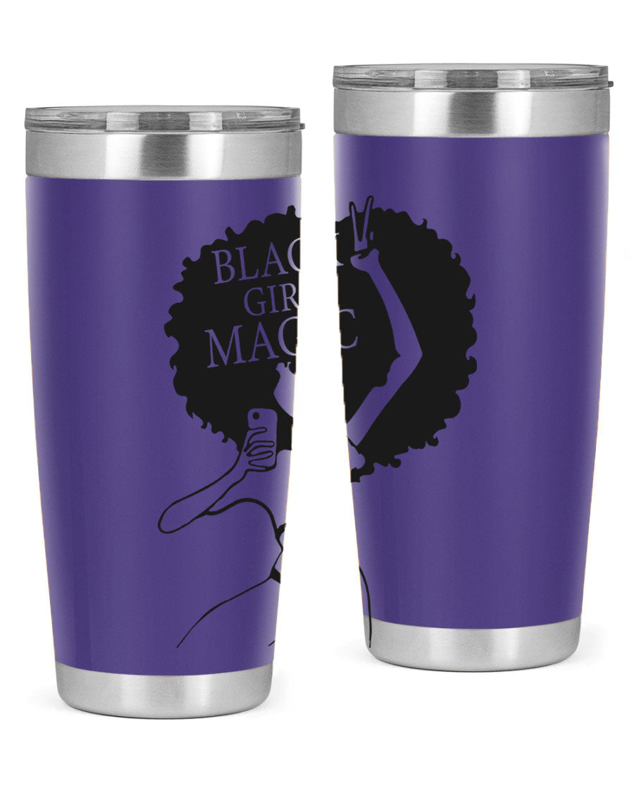 Black Girl Magic 20oz tumbler featuring double wall vacuum stainless steel design with a stylish lid, perfect for hot and cold beverages.