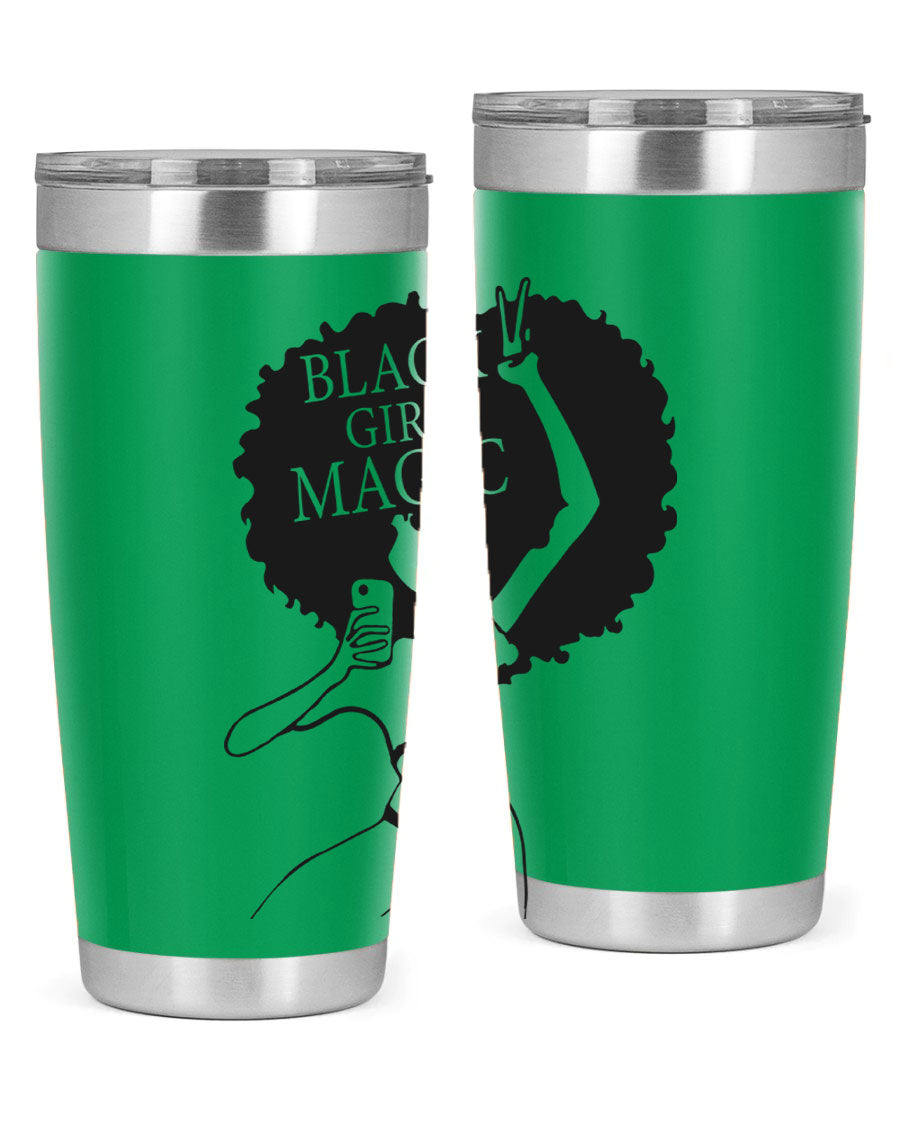 Black Girl Magic 20oz tumbler featuring double wall vacuum stainless steel design with a stylish lid, perfect for hot and cold beverages.