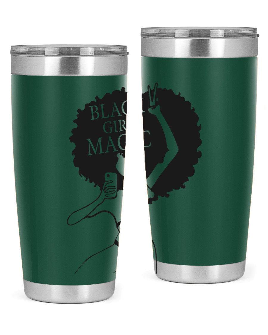 Black Girl Magic 20oz tumbler featuring double wall vacuum stainless steel design with a stylish lid, perfect for hot and cold beverages.