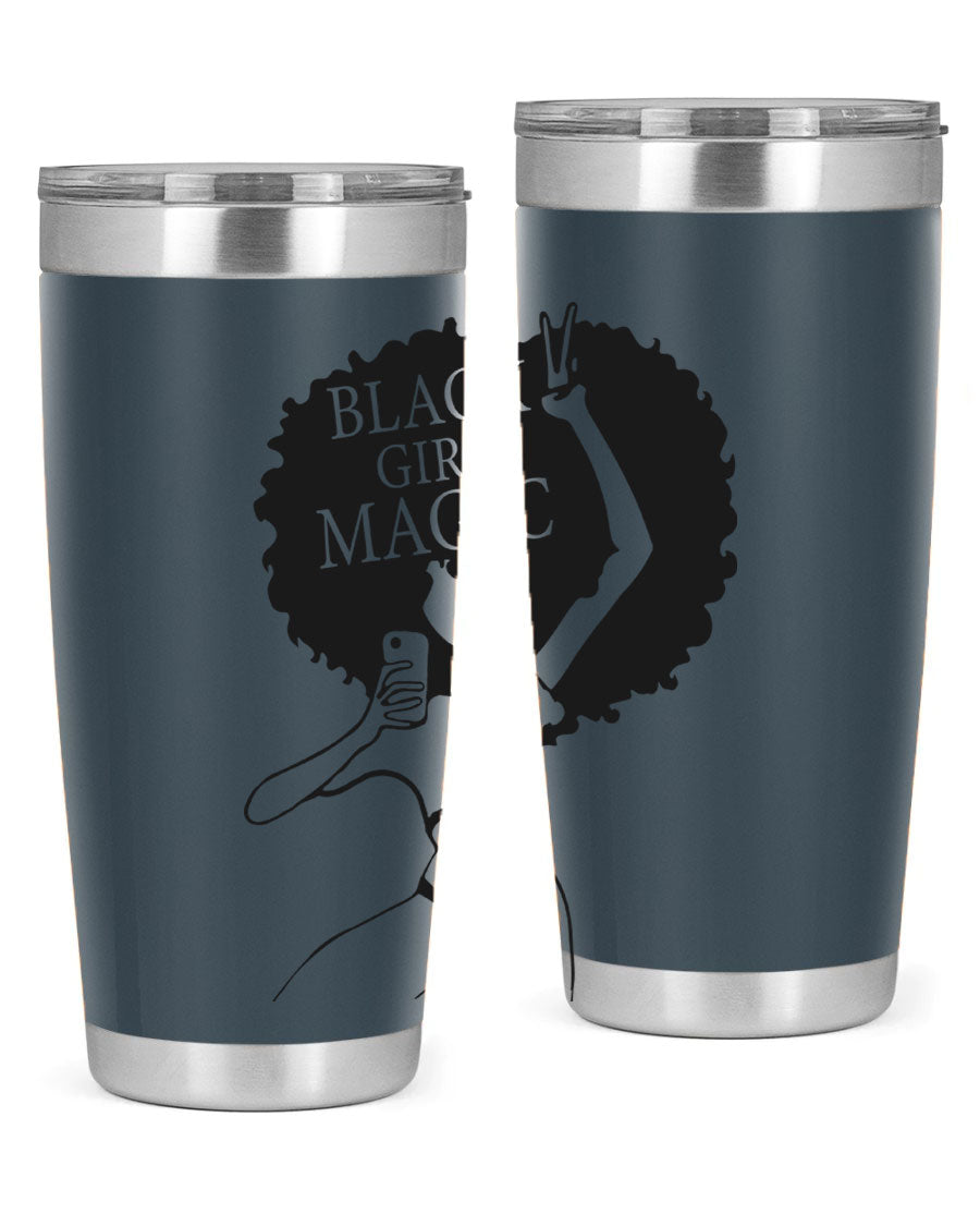 Black Girl Magic 20oz tumbler featuring double wall vacuum stainless steel design with a stylish lid, perfect for hot and cold beverages.