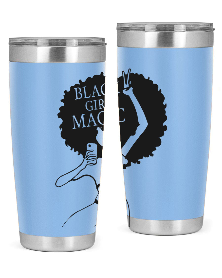 Black Girl Magic 20oz tumbler featuring double wall vacuum stainless steel design with a stylish lid, perfect for hot and cold beverages.