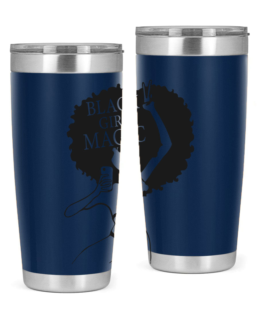 Black Girl Magic 20oz tumbler featuring double wall vacuum stainless steel design with a stylish lid, perfect for hot and cold beverages.