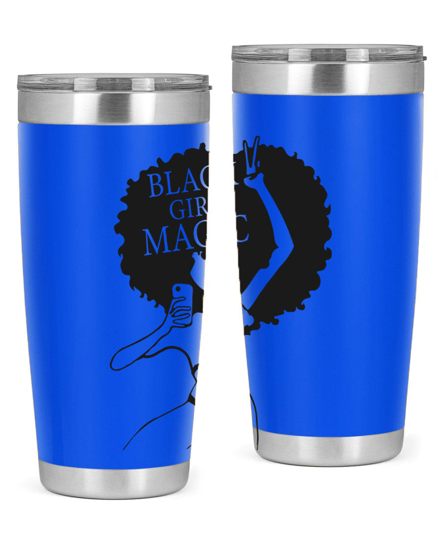 Black Girl Magic 20oz tumbler featuring double wall vacuum stainless steel design with a stylish lid, perfect for hot and cold beverages.
