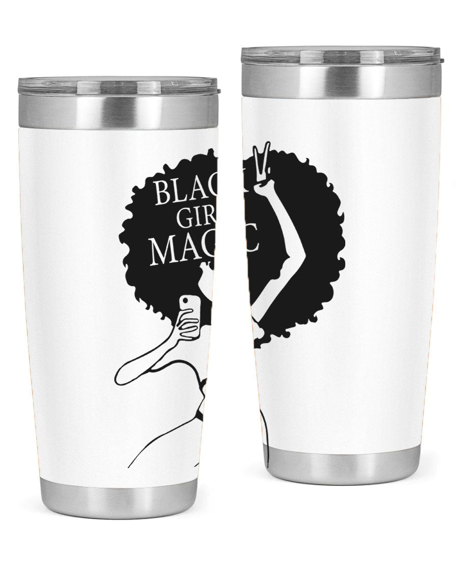 Black Girl Magic 20oz tumbler featuring double wall vacuum stainless steel design with a stylish lid, perfect for hot and cold beverages.