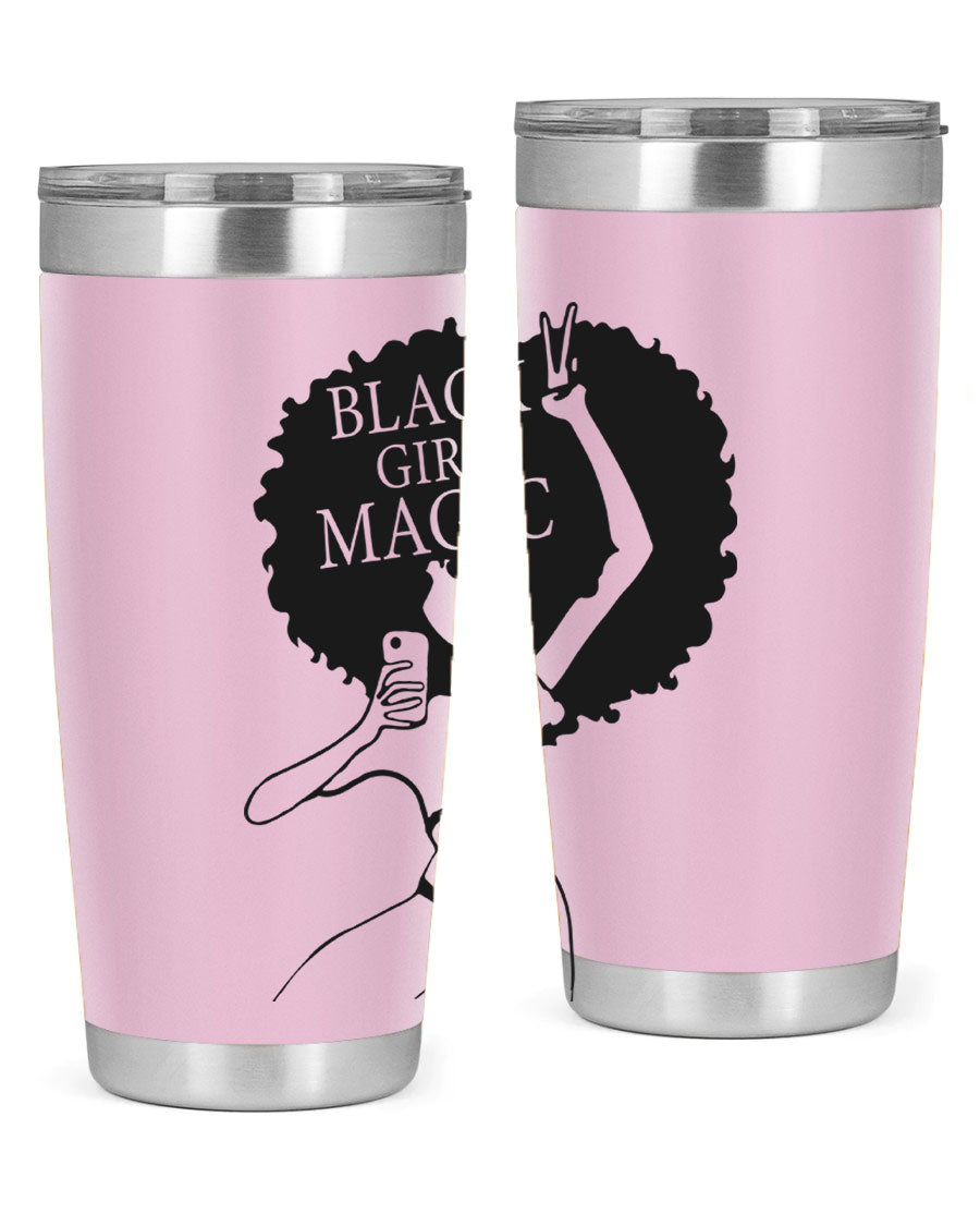 Black Girl Magic 20oz tumbler featuring double wall vacuum stainless steel design with a stylish lid, perfect for hot and cold beverages.