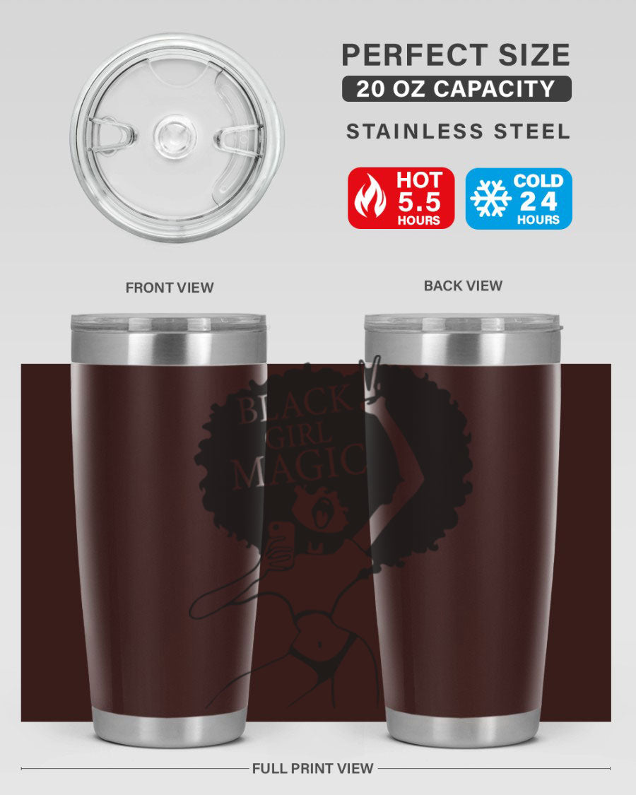 Black Girl Magic 20oz tumbler featuring double wall vacuum stainless steel design with a stylish lid, perfect for hot and cold beverages.