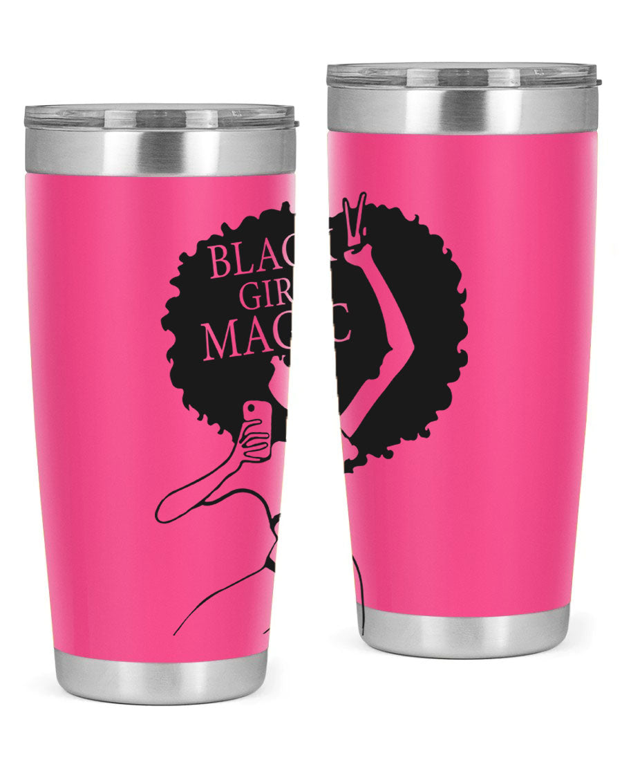 Black Girl Magic 20oz tumbler featuring double wall vacuum stainless steel design with a stylish lid, perfect for hot and cold beverages.