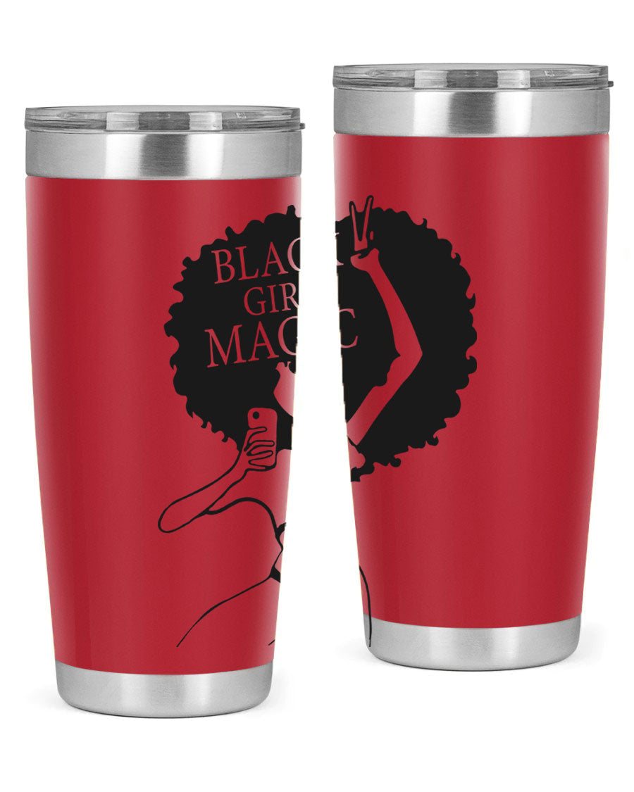 Black Girl Magic 20oz tumbler featuring double wall vacuum stainless steel design with a stylish lid, perfect for hot and cold beverages.