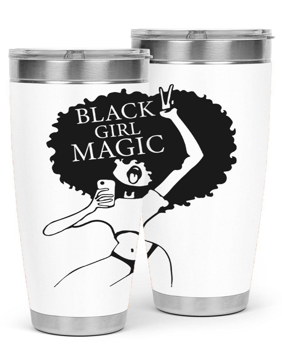 Black Girl Magic 20oz tumbler featuring double wall vacuum stainless steel design with a stylish lid, perfect for hot and cold beverages.