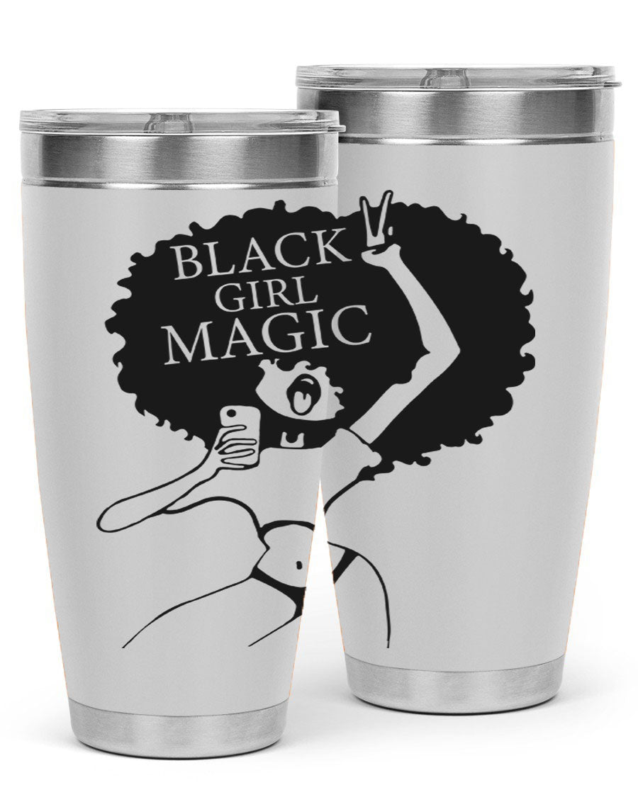 Black Girl Magic 20oz tumbler featuring double wall vacuum stainless steel design with a stylish lid, perfect for hot and cold beverages.