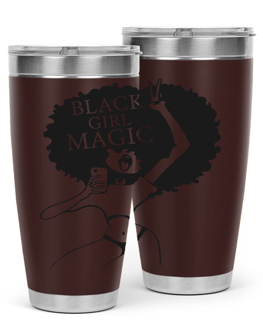 Black Girl Magic 20oz tumbler featuring double wall vacuum stainless steel design with a stylish lid, perfect for hot and cold beverages.