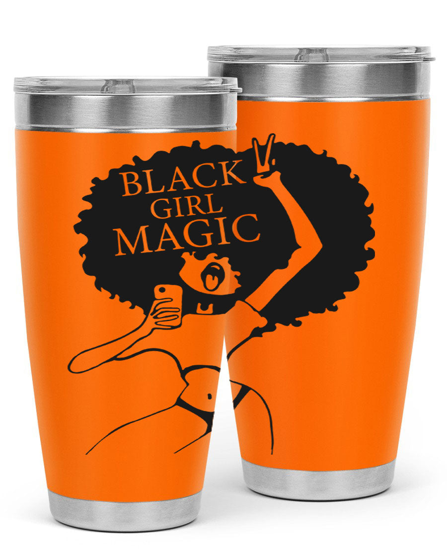 Black Girl Magic 20oz tumbler featuring double wall vacuum stainless steel design with a stylish lid, perfect for hot and cold beverages.