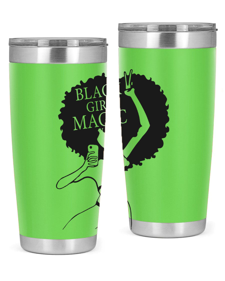 Black Girl Magic 20oz tumbler featuring double wall vacuum stainless steel design with a stylish lid, perfect for hot and cold beverages.