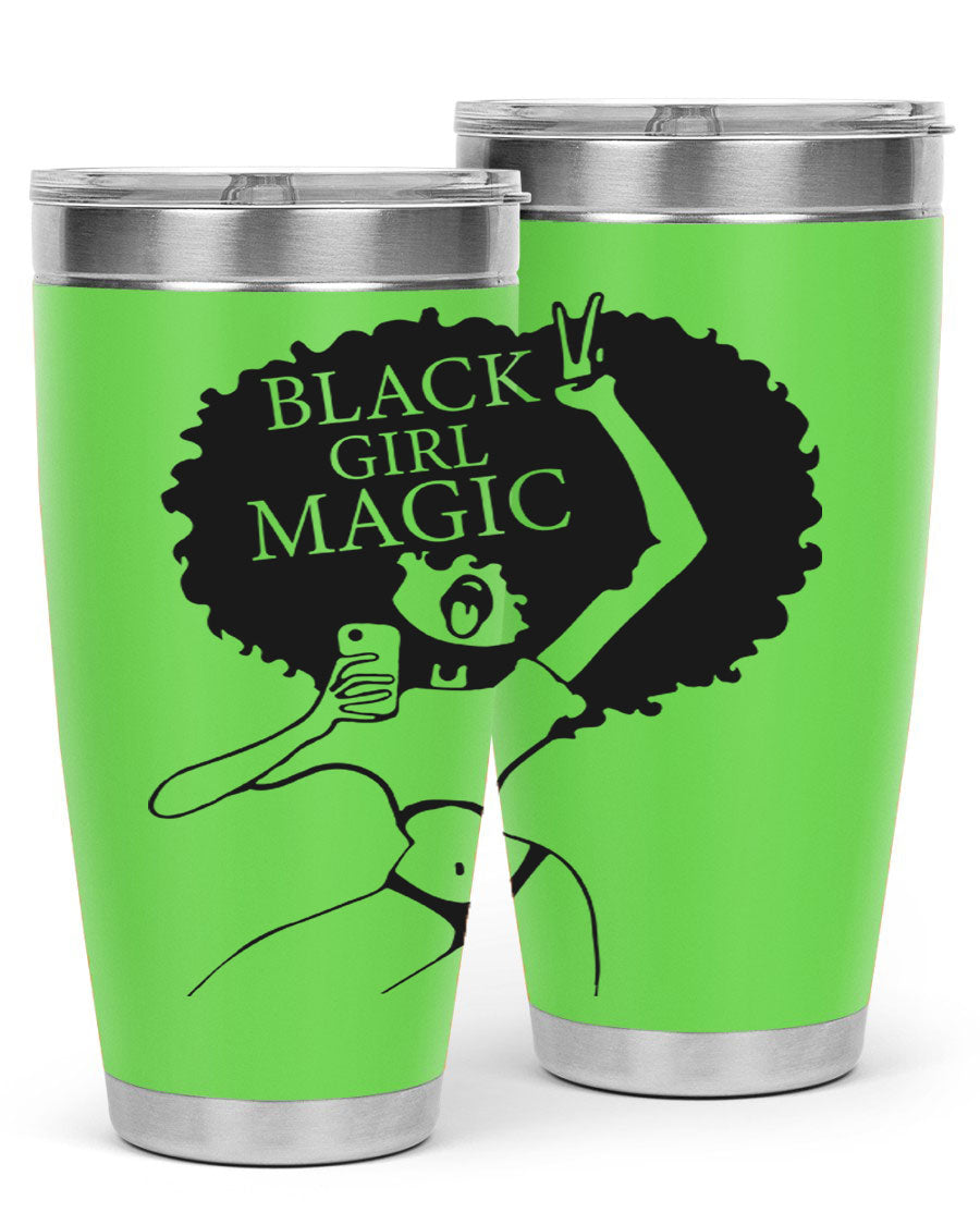 Black Girl Magic 20oz tumbler featuring double wall vacuum stainless steel design with a stylish lid, perfect for hot and cold beverages.