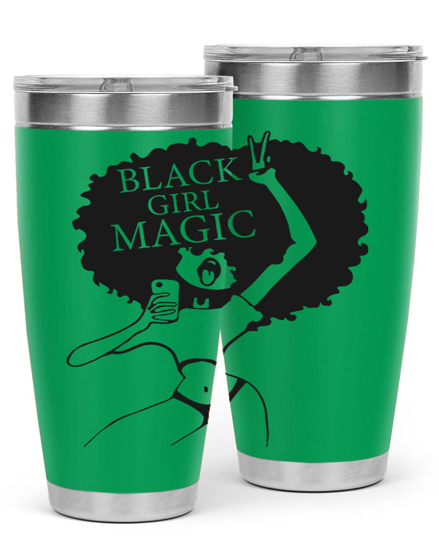 Black Girl Magic 20oz tumbler featuring double wall vacuum stainless steel design with a stylish lid, perfect for hot and cold beverages.