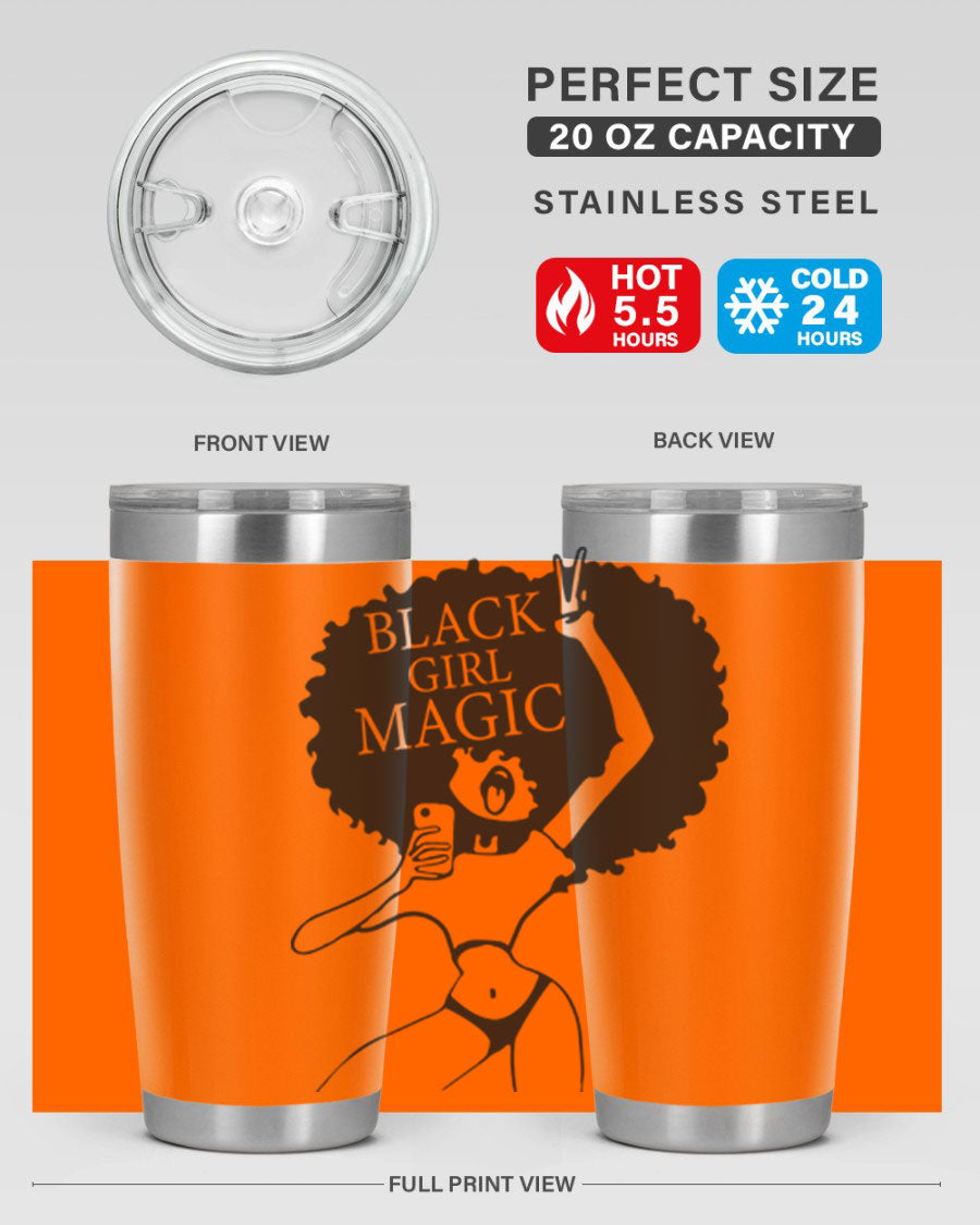 Black Girl Magic 20oz tumbler featuring double wall vacuum stainless steel design with a stylish lid, perfect for hot and cold beverages.