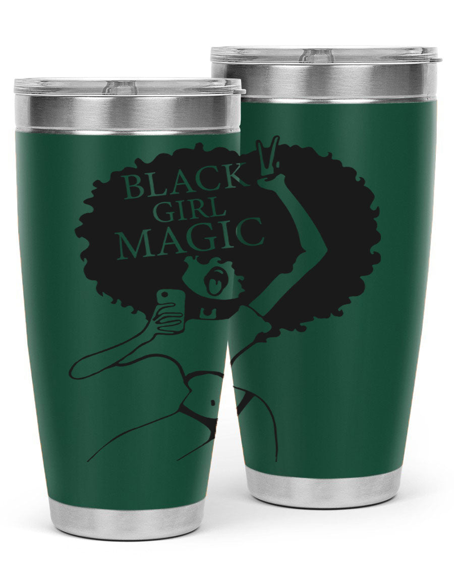 Black Girl Magic 20oz tumbler featuring double wall vacuum stainless steel design with a stylish lid, perfect for hot and cold beverages.