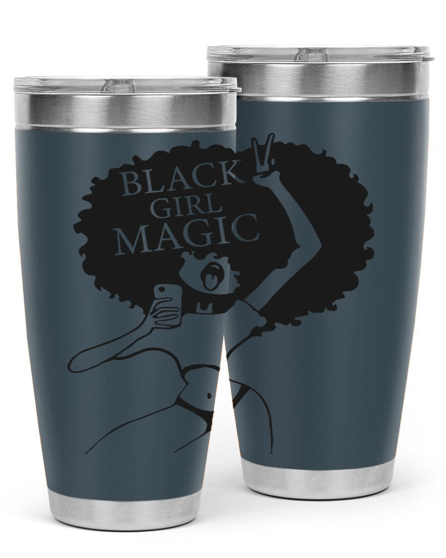 Black Girl Magic 20oz tumbler featuring double wall vacuum stainless steel design with a stylish lid, perfect for hot and cold beverages.