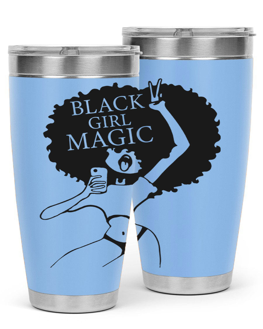 Black Girl Magic 20oz tumbler featuring double wall vacuum stainless steel design with a stylish lid, perfect for hot and cold beverages.