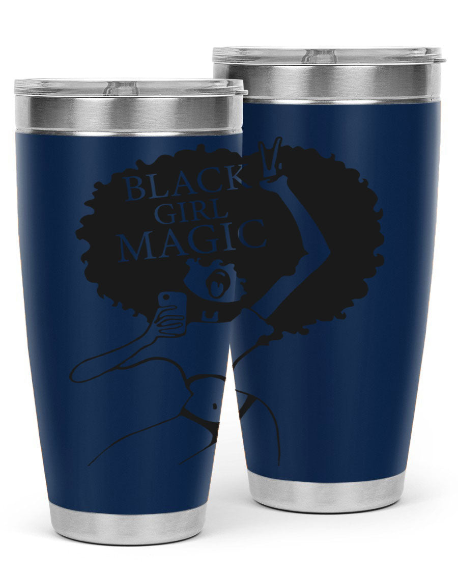 Black Girl Magic 20oz tumbler featuring double wall vacuum stainless steel design with a stylish lid, perfect for hot and cold beverages.