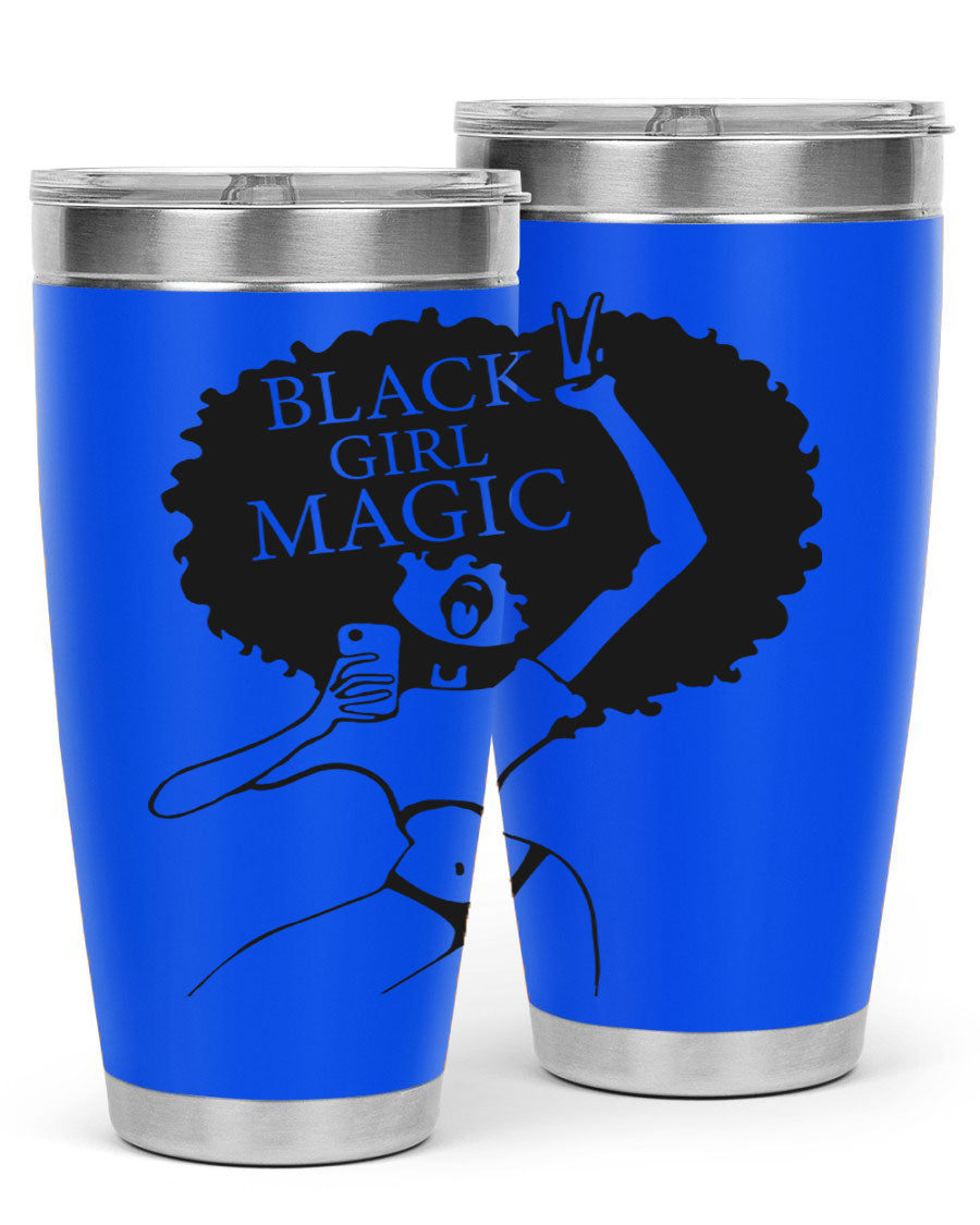Black Girl Magic 20oz tumbler featuring double wall vacuum stainless steel design with a stylish lid, perfect for hot and cold beverages.