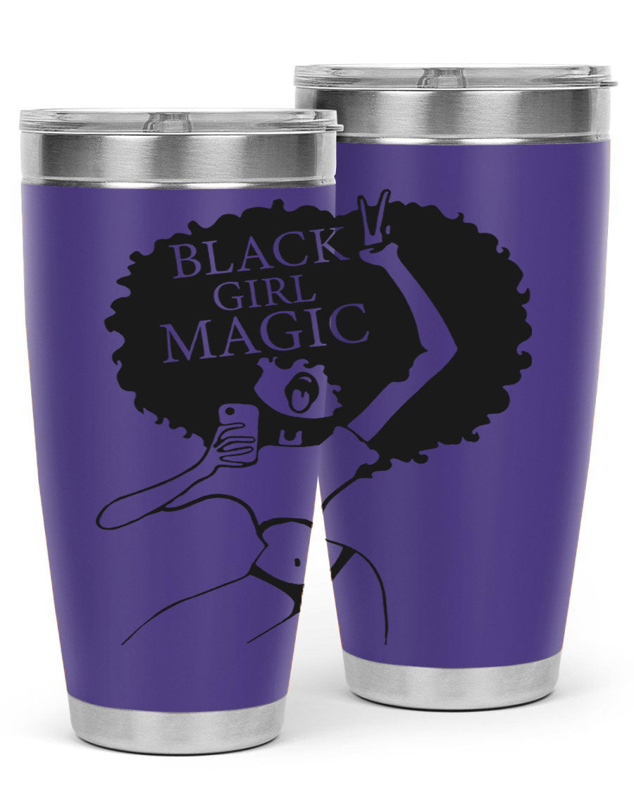 Black Girl Magic 20oz tumbler featuring double wall vacuum stainless steel design with a stylish lid, perfect for hot and cold beverages.