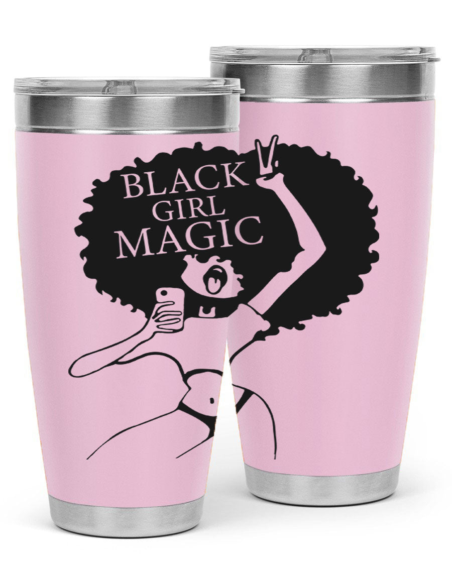 Black Girl Magic 20oz tumbler featuring double wall vacuum stainless steel design with a stylish lid, perfect for hot and cold beverages.