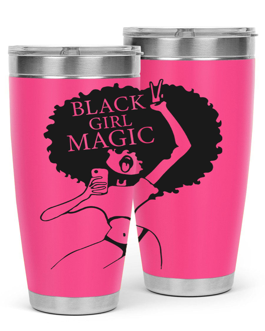 Black Girl Magic 20oz tumbler featuring double wall vacuum stainless steel design with a stylish lid, perfect for hot and cold beverages.