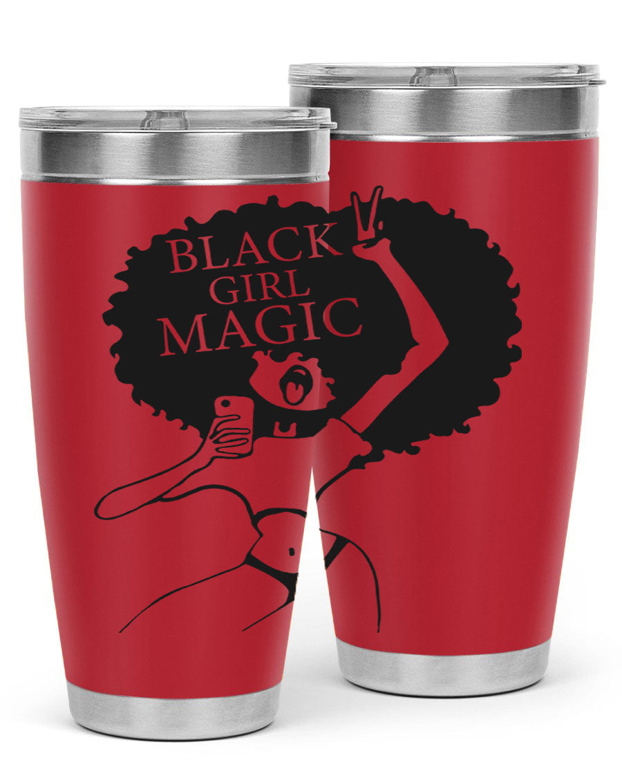 Black Girl Magic 20oz tumbler featuring double wall vacuum stainless steel design with a stylish lid, perfect for hot and cold beverages.