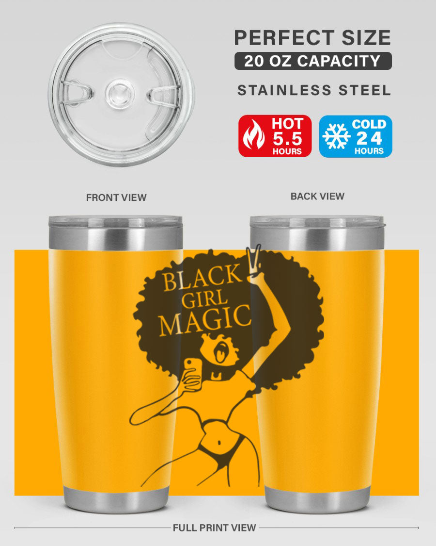 Black Girl Magic 20oz tumbler featuring double wall vacuum stainless steel design with a stylish lid, perfect for hot and cold beverages.