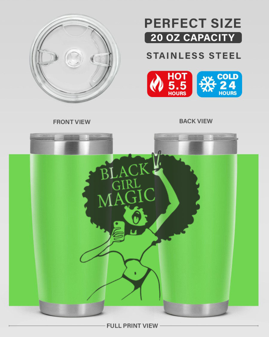 Black Girl Magic 20oz tumbler featuring double wall vacuum stainless steel design with a stylish lid, perfect for hot and cold beverages.