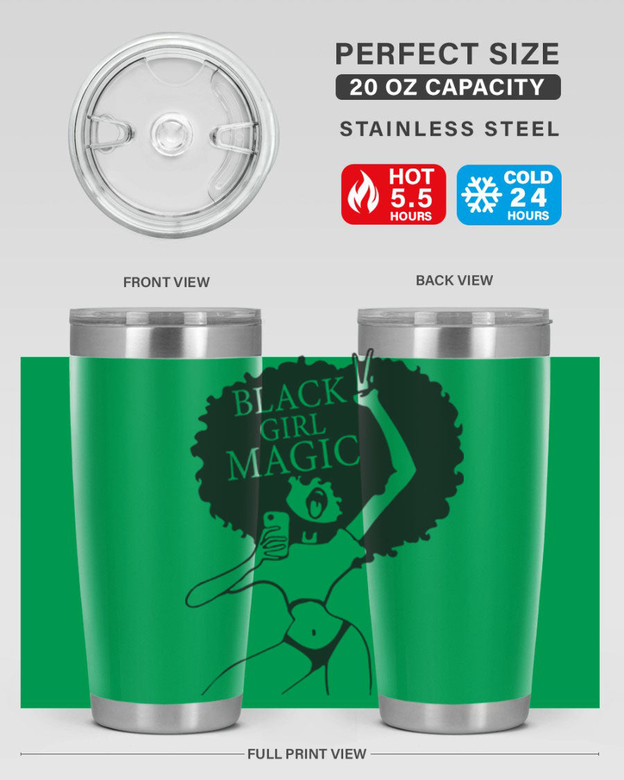 Black Girl Magic 20oz tumbler featuring double wall vacuum stainless steel design with a stylish lid, perfect for hot and cold beverages.