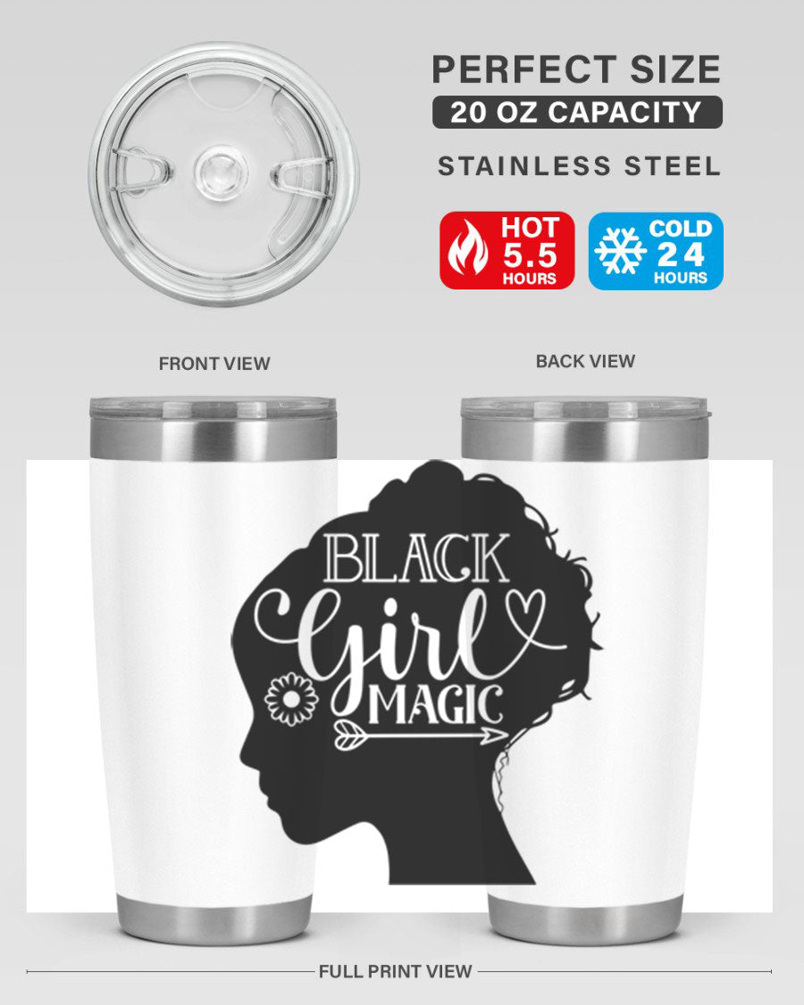 Black girl magic Style 59# 20oz tumbler featuring a vibrant design, double wall vacuum stainless steel, and a drink-thru lid.