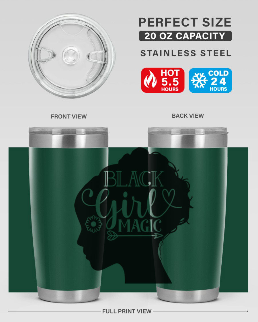 Black girl magic Style 59# 20oz tumbler featuring a vibrant design, double wall vacuum stainless steel, and a drink-thru lid.