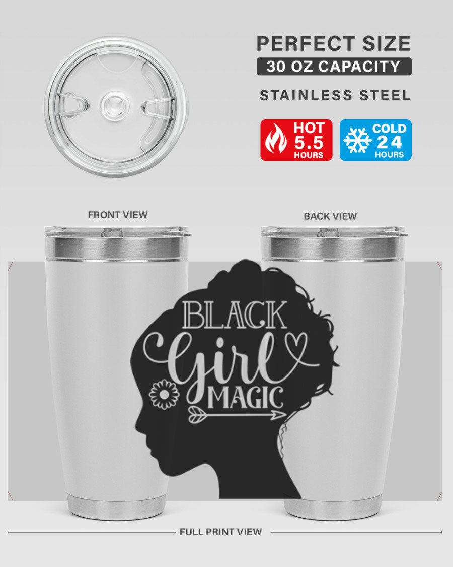 Black girl magic Style 59# 20oz tumbler featuring a vibrant design, double wall vacuum stainless steel, and a drink-thru lid.