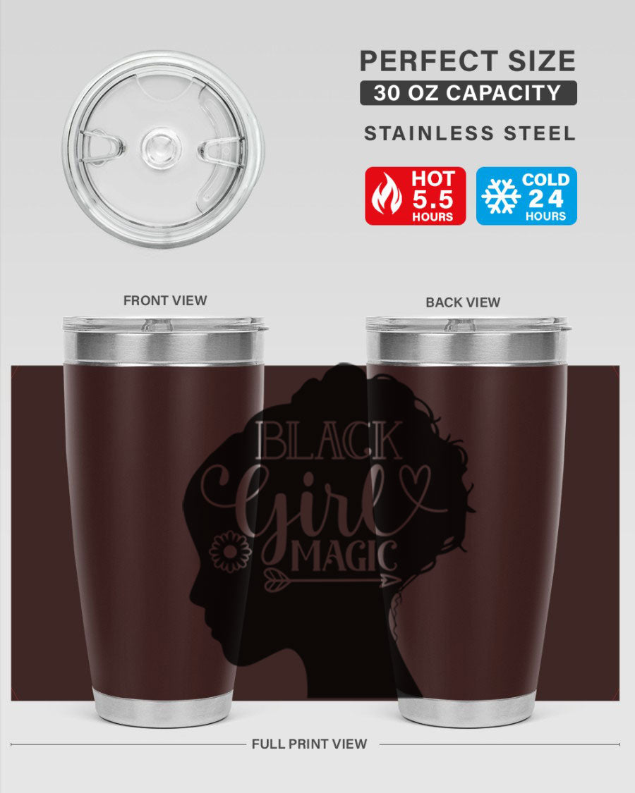 Black girl magic Style 59# 20oz tumbler featuring a vibrant design, double wall vacuum stainless steel, and a drink-thru lid.