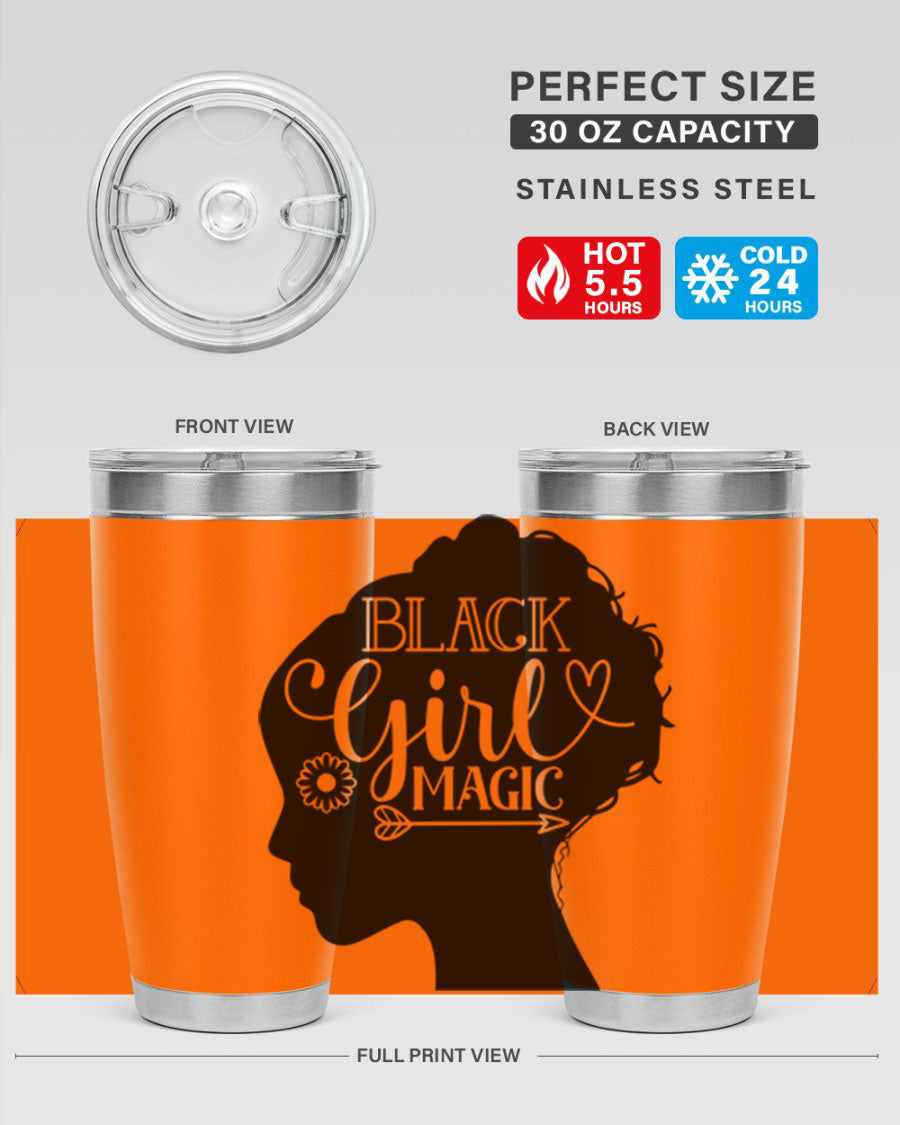 Black girl magic Style 59# 20oz tumbler featuring a vibrant design, double wall vacuum stainless steel, and a drink-thru lid.