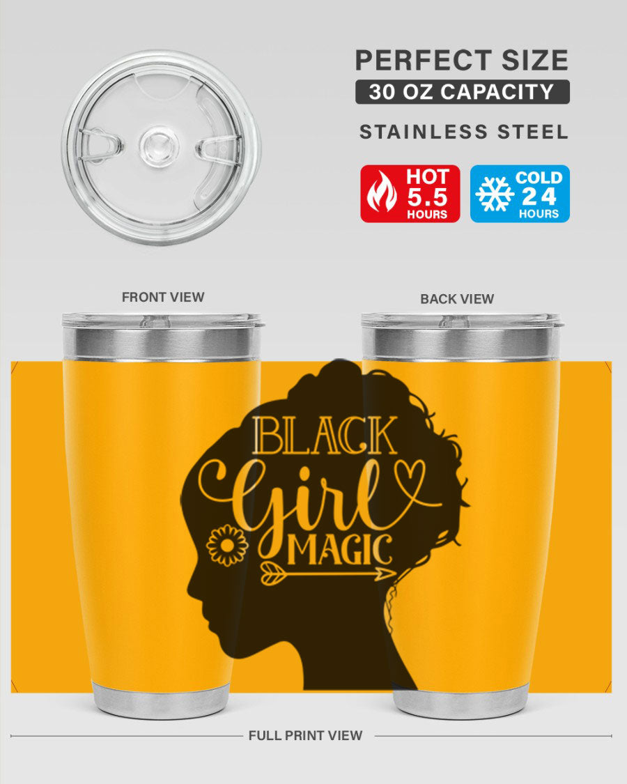 Black girl magic Style 59# 20oz tumbler featuring a vibrant design, double wall vacuum stainless steel, and a drink-thru lid.