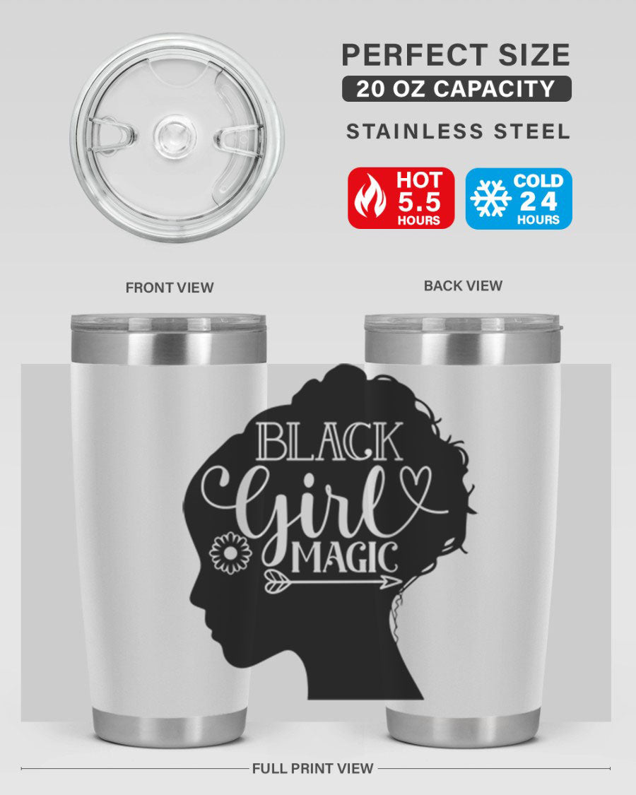 Black girl magic Style 59# 20oz tumbler featuring a vibrant design, double wall vacuum stainless steel, and a drink-thru lid.