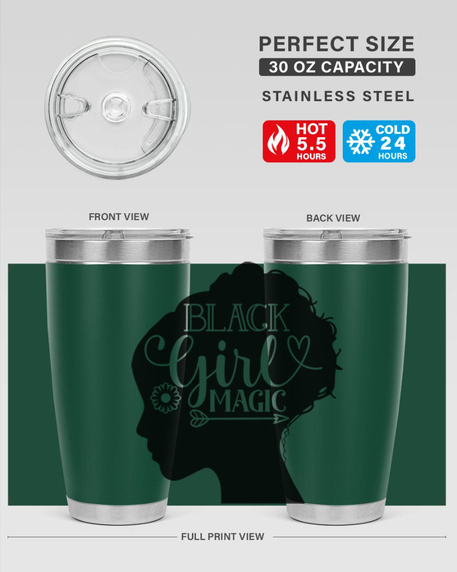 Black girl magic Style 59# 20oz tumbler featuring a vibrant design, double wall vacuum stainless steel, and a drink-thru lid.